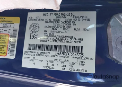 2015 Ford Mustang Gt Premium из США, поврежденный, VIN 1FA6P8CFXF5427725